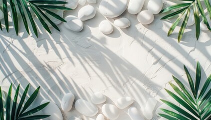 Wall Mural - Green Tropical Leaves and White Stones