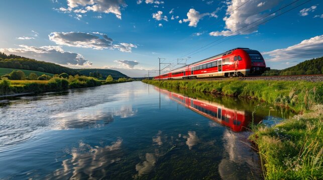 Electric train traveling alongside a picturesque river in the countryside.