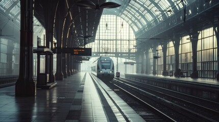 Aufkleber - Empty platform at a train station with an approaching locomotive.