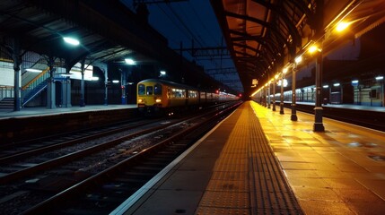 Aufkleber - Empty platform at a train station with an approaching electric train.