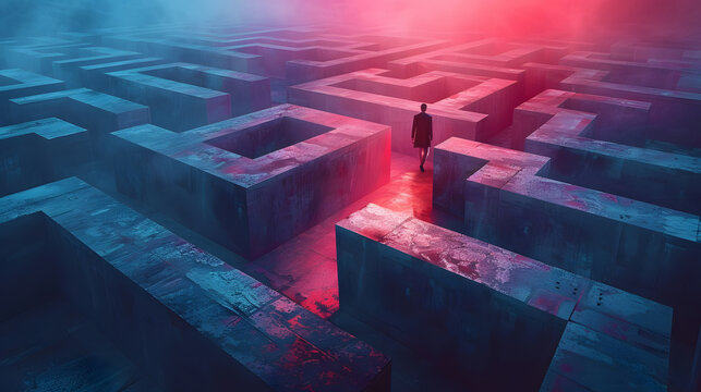 A lone person walking through a large, intricate maze illuminated by neon red and blue lights, creating a mysterious and futuristic atmosphere