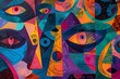 © Dina - colorful abstract art painting with eyes and faces