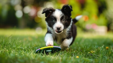 Poster - Energetic border collie puppy chasing after a colorful frisbee in the grass.