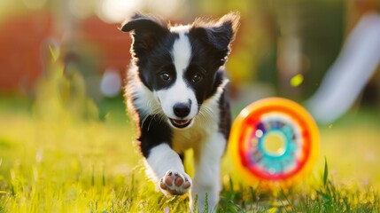 Poster - Energetic border collie puppy chasing after a colorful frisbee in the grass.