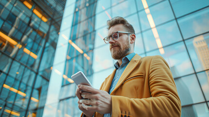 Poster - a smartly dressed man with a stylish beard, browsing his smartphone, in front of a corporate glass building