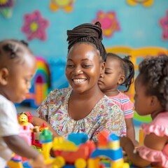 A woman is smiling at a group of children playing with Legos