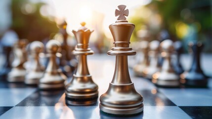 Canvas Print - A group of gold chess pieces on a checkered board, AI