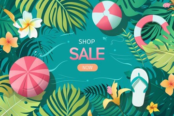 Wall Mural - summer sale banner with beach ball, flip flops shoes, sun glasses, tropical leaves and flowers on background, summer theme. Summer promotion poster design for shopping or holiday vacation shop online 