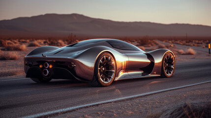 Wall Mural - Award Winning National Geographic rule of thirds, photograph of a sleek, metallic sports car speeding on an open road at dusk, minimalist, plain twilight background, ultra realisti