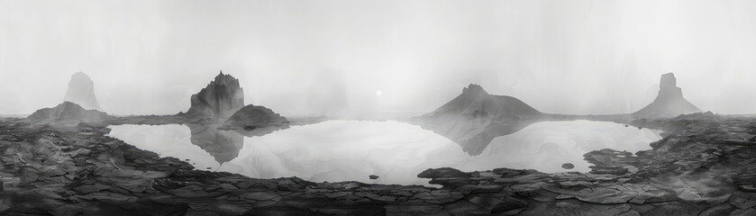 Foggy morning in Volcanic Landscape flat design front view eerie silence theme water color Black and White