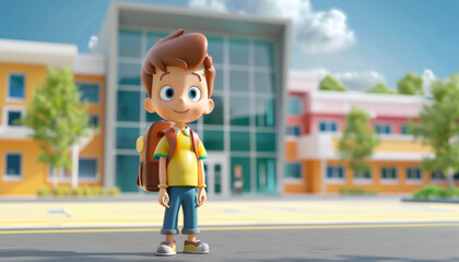 Wall Mural - A cartoon boy is standing in front of a house with a backpack on by AI generated image