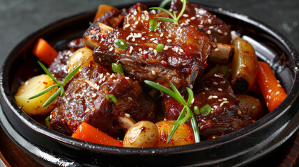 Delectable korean braised short ribs, known as galbi jjim, served with carrots and potatoes, garnished with sesame seeds and green onions