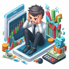 Wall Mural - Business Professional Stressed by Stock Market Crash   3D Flat Icon Illustration Depicting Financial Loss and Uncertainty in Cartoon Style