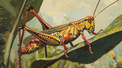 Poster - Grasshopper perched on a leaf, showing its strong hind legs and vibrant color.