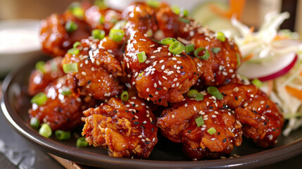 Canvas Print - Korean spicy chicken with sesame seeds and green onions, paired with a side of fresh salad