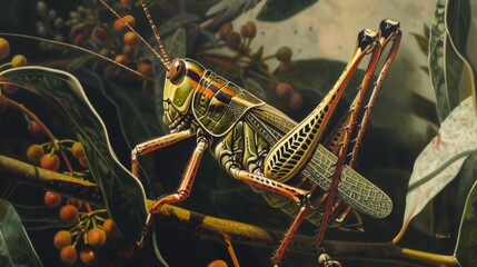 Poster - Grasshopper perched on a leaf, showing its strong hind legs and vibrant color.