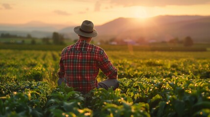 Wall Mural - A man in a hat sitting on the ground looking at something, AI