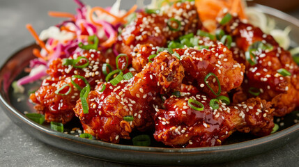 Wall Mural - Delicious, sweet, and spicy korean fried chicken garnished with sesame seeds and spring onions, served with a fresh vegetable slaw