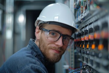 Wall Mural - A man wearing a hard hat and safety glasses is working on electrical equipment