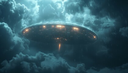 Wall Mural - A large spaceship is flying through a cloudy sky by AI generated image