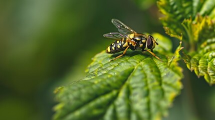 Poster - Hoverfly resting on a leaf, looking like a small bee with its striped body.