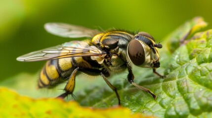 Poster - Hoverfly resting on a leaf, looking like a small bee with its striped body.
