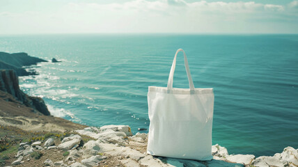 Poster - A mock up of an blank white tote bag on the  sea  background