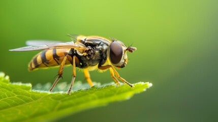 Poster - Hoverfly resting on a leaf, looking like a small bee with its striped body.