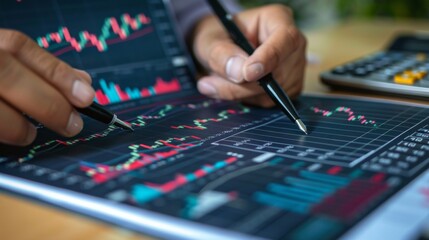Aufkleber - Investor reviewing a printed stock chart report with pen and calculator on the desk.