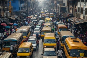 A busy street with many yellow buses and cars