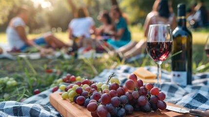 A group of people sitting around a picnic table with wine and grapes, AI