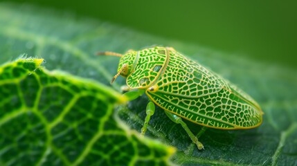 Poster - Leafhopper insect camouflaged on a leaf with intricate markings.