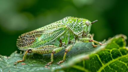 Poster - Leafhopper insect camouflaged on a leaf with intricate markings.