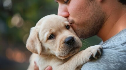 Poster - Lovable labrador retriever puppy giving its owner a big sloppy kiss on the cheek.