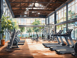 Fototapeta Natura - Fitness gym with exercise equipment such as treadmills, exercise bikes, glute trainer and other strength tools.