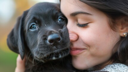 Poster - Lovable labrador retriever puppy giving its owner a big sloppy kiss on the cheek.