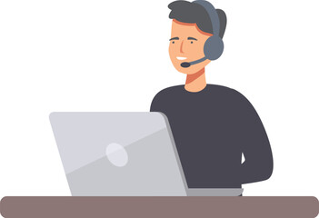 Vector illustration of a smiling male customer service representative with headset working on a computer