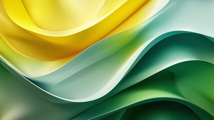 Wall Mural - 3D abstract background, multi-layered wavy lines in green and yellow colors