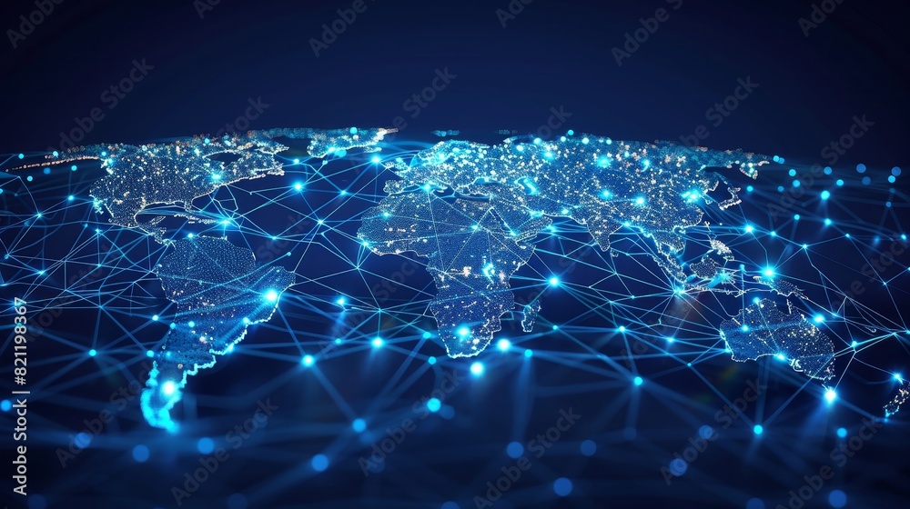Global digital network visualization with interconnected dots and lines ...