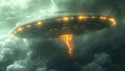 Wall Mural - A large spaceship is flying through a cloudy sky by AI generated image