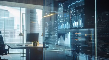 Fototapete - Office with a transparent screen displaying interactive financial charts and analytics.