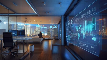 Fototapete - Office with a transparent screen displaying interactive financial charts and analytics.