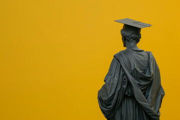 Greek statue in the form of a university graduate. Study. Higher education.Greek statue in the form of a university graduate on a yellow background. Education. Higher education.