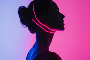 Wall Mural - A woman's face is shown in a neon pink and blue background