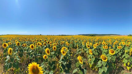 Poster - Panoramic view of a sunflower field under a clear blue summer sky.