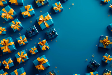 this 3d art depicts an assortment of blue gift boxes with different bows, set against a dark blue il