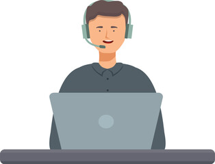 Poster - Illustration of a cheerful male customer service representative with headphones working on a laptop