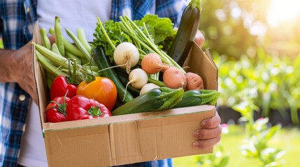 a close-up shot, a clean individual holds a cardboard box filled with incredibly fresh vegetables