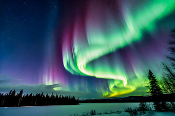 tropical island in the night landscape with trees and stars and northern lights over a river and mou