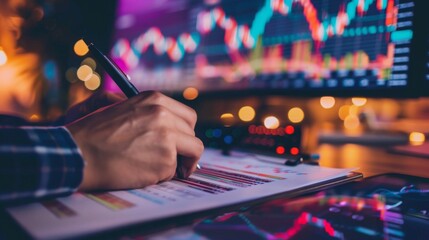 Poster - Person writing notes while analyzing stock charts on a dual-monitor setup.